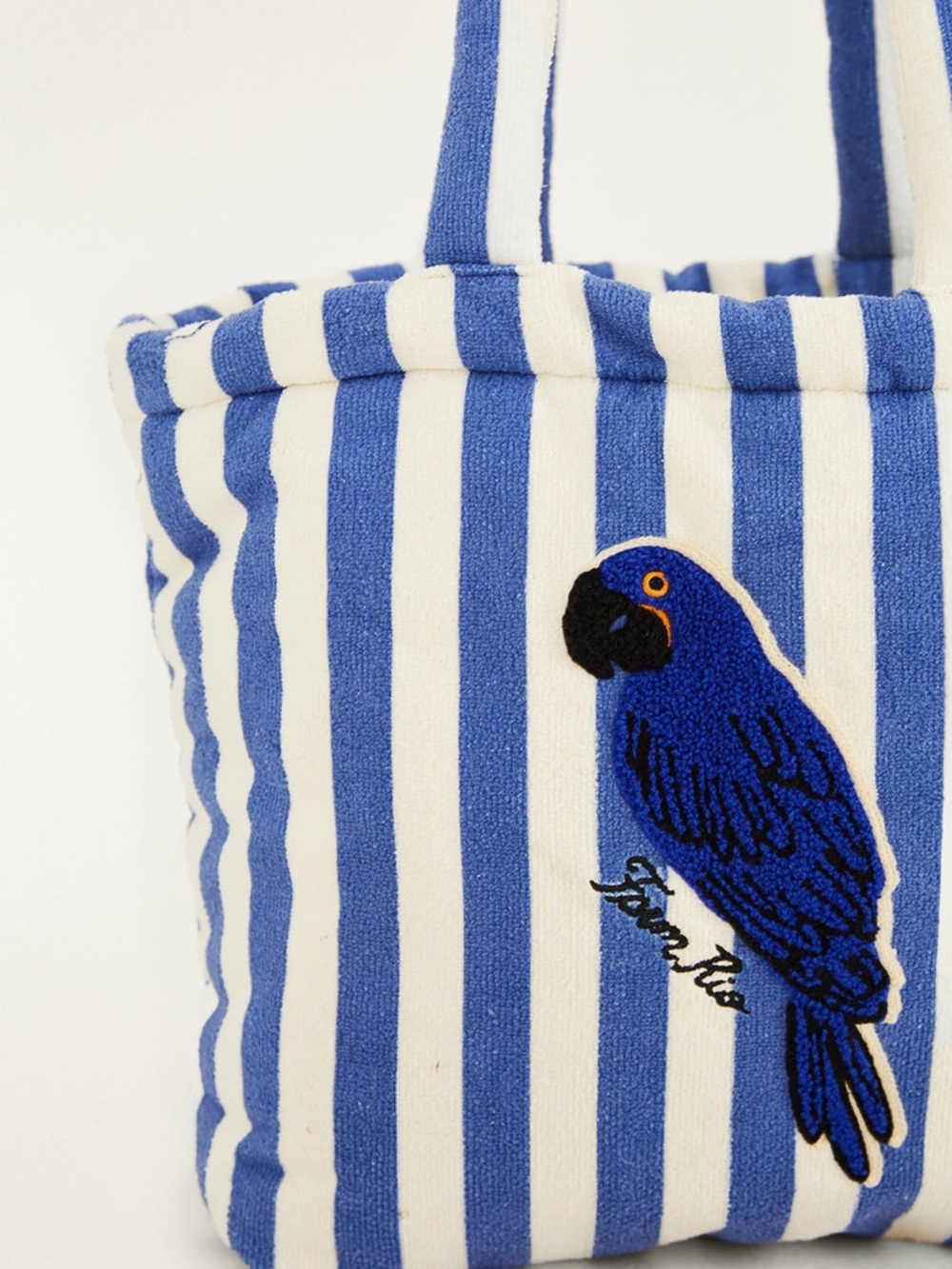 FARM Rio Blue Stripped Macaw Embroidered Terrycloth Cotton Tote Bag NWT - Picture 2 of 7